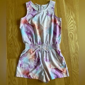 Girls romper, pockets, zipper in back, gently warn, tie-dye pattern with flowers
